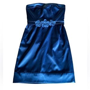 BCBG Paris deep blue strapless satin formal dress with floral det…